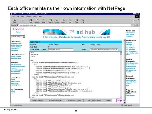 Each office maintains their own information with NetPage. Screenshot of using NetPage to edit the Visiting London page.